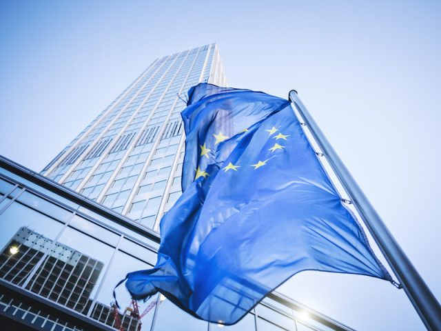 Flag of the European Community - Eurotower European inflation soars to a record 7.5% on fuel, food costs