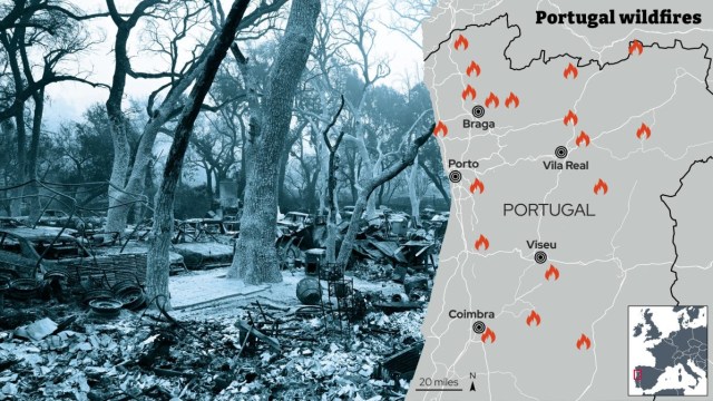 2024 Portugal Wildfires Central Region Firefighters battling a massive wildfire in central Portugal, with flames engulfing a hillside and smoke billowing into the sky.