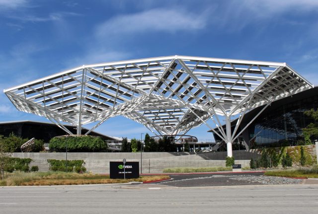 Nvidia Reaches Historic $5 Trillion Market Value Milestone Nvidia logo displayed on a modern office building, symbolizing the company's historic $5 trillion market value milestone.