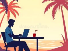 Philippines Digital Nomad Visa Targets Remote Workers A remote worker with a laptop on a tropical beach in the Philippines, surrounded by palm trees and clear blue water.