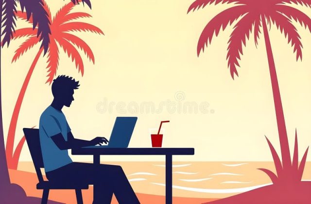 Boracay White Beach Shoreline A remote worker with a laptop on a tropical beach in the Philippines, surrounded by palm trees and clear blue water.