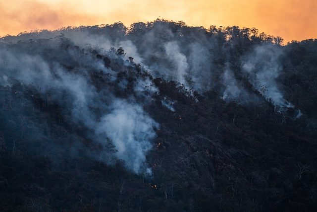 HHS Declares Public Health Emergency Over Wildfire Smoke and Air Quality Thick smoke from California wildfires drifts over a residential area, with fire crews working in the distance.