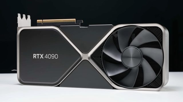 GeForce RTX 40 series Close-up of Nvidia RTX 4090 graphics card illuminated on a test bench during launch event