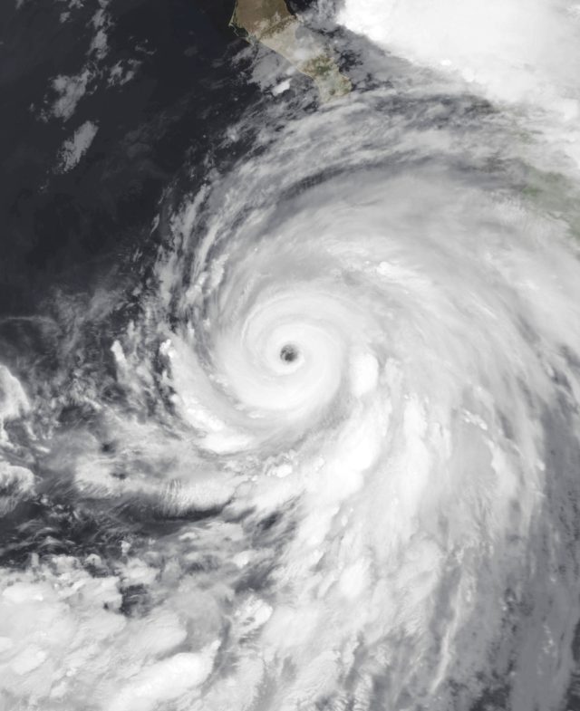 Hurricane Hilary Satellite image shows swirling Category 4 Hurricane Hilary approaching Mexico’s Pacific coast with distinct eye and dense rain bands.