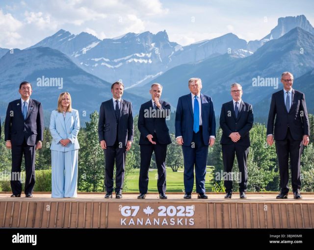 Kananaskis 2025 G7 Summit Leaders Leaders depart the Kananaskis lodge after closing the 2025 G7 summit against mountain backdrop
