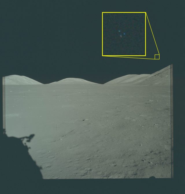 nasa uap vm6 apollo 17 1972 A magnified section of a 1972 Apollo 17 NASA photograph shows three dot-like unidentified objects in a triangular formation against the lunar sky.