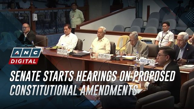 Philippines Senate Constitutional Amendment Hearing Philippine senators sit at a long table reviewing papers during the April 29, 2024 constitutional amendment session in Manila.