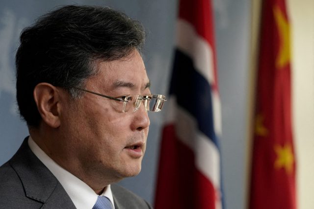 Qin Gang Chinese diplomat Qin Gang in suit at press podium before disappearance from public view