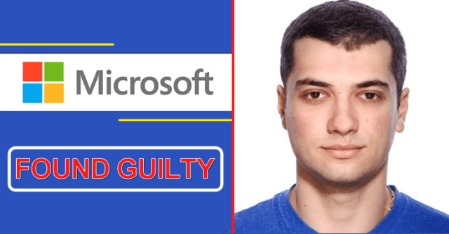 Volodymyr Kvashuk Microsoft Fraud Conviction A man in a suit stands in a courtroom as a judge reads a verdict, with a Microsoft logo visible on a screen behind the bench.