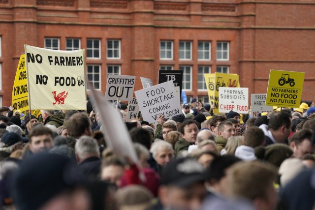 Welsh Farmers Senedd Cardiff Protest Thousands of Welsh farmers gather outside the Senedd in Cardiff holding signs protesting the Sustainable Farming Scheme.